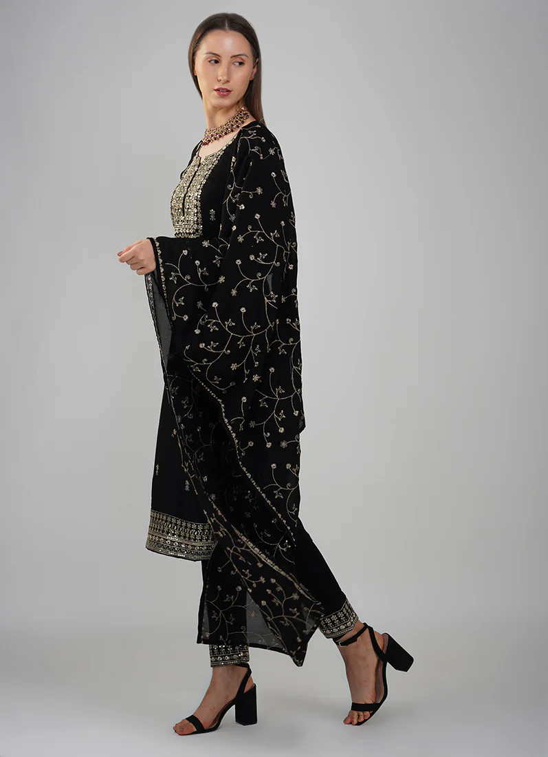 Black Silk Embroidered Suit Set - Image 3