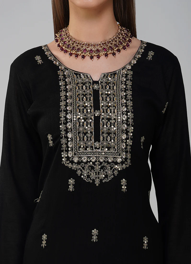 Black Silk Embroidered Suit Set - Image 6