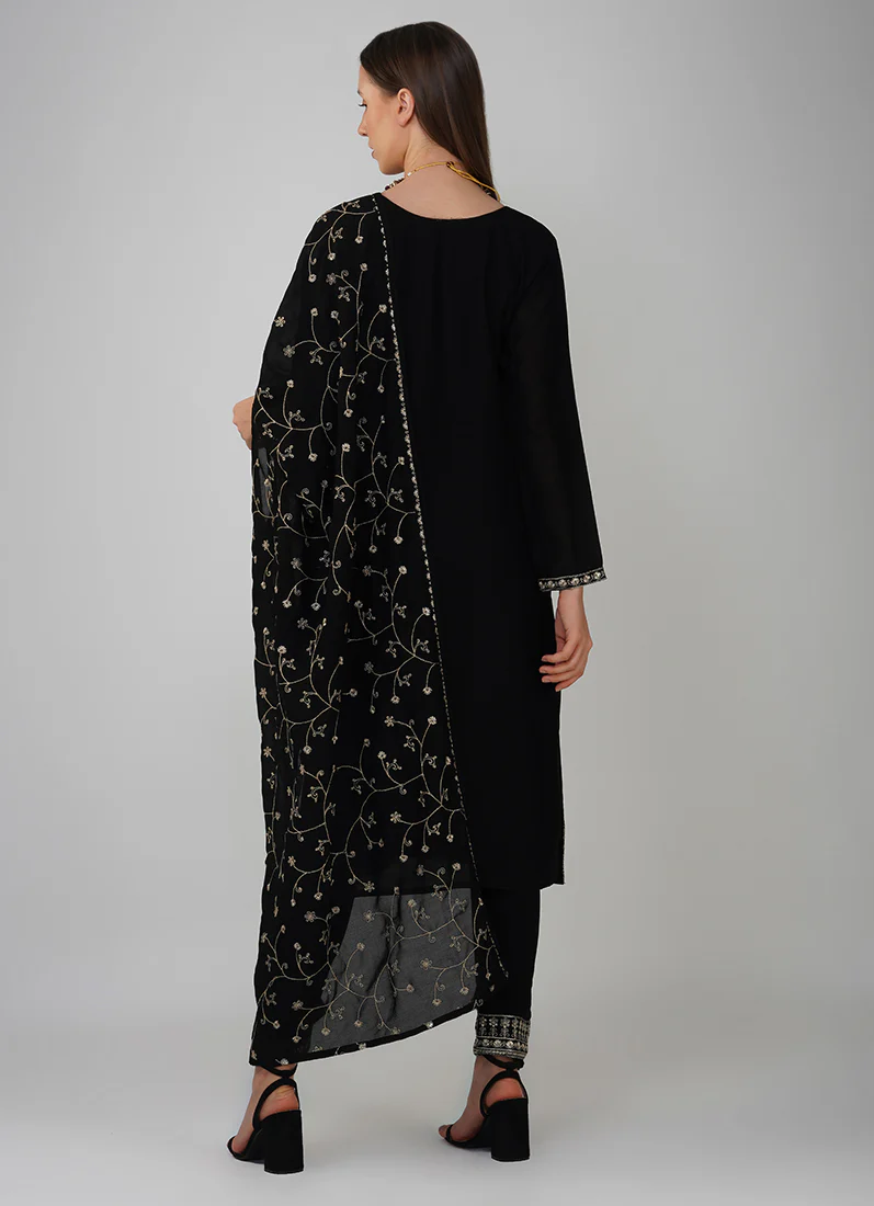 Black Silk Embroidered Suit Set - Image 7