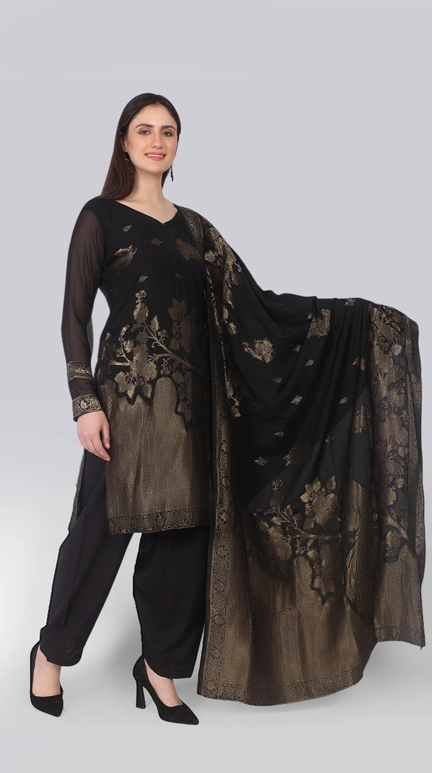 Black Silk Shift Suit Set with Gold Weave Dupatta - Image 2