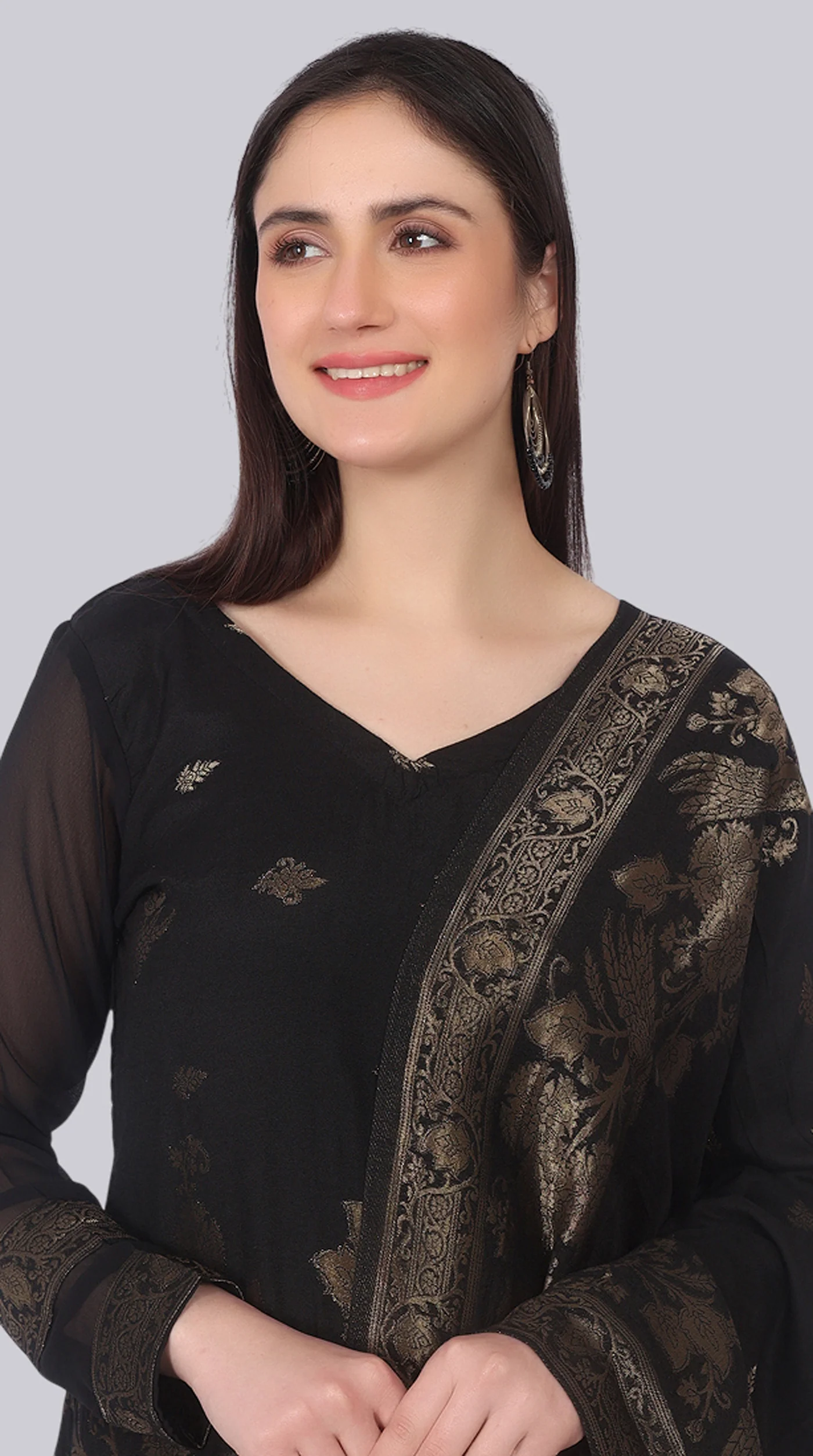 Black Silk Shift Suit Set with Gold Weave Dupatta - Image 4