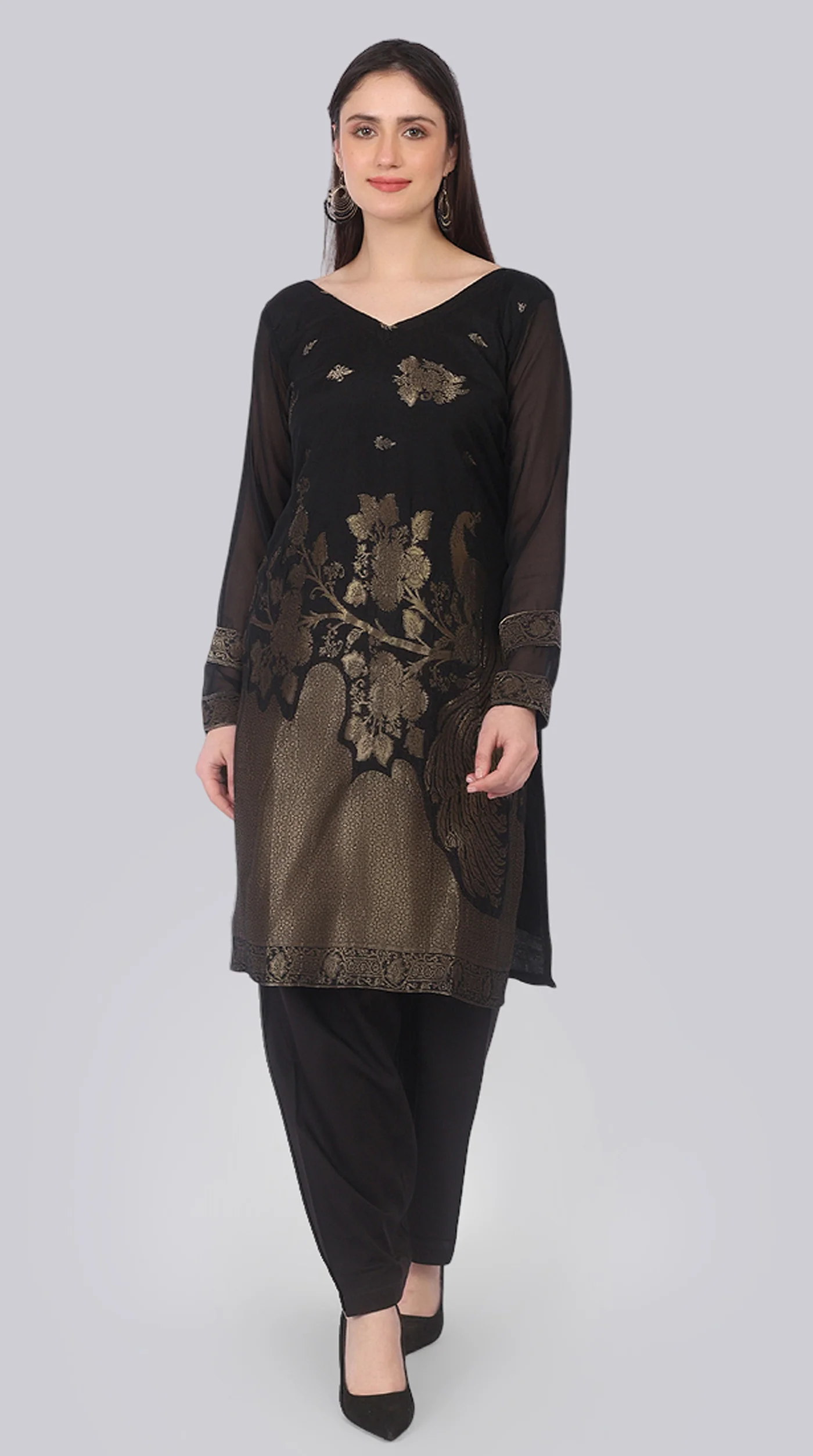 Black Silk Shift Suit Set with Gold Weave Dupatta - Image 5