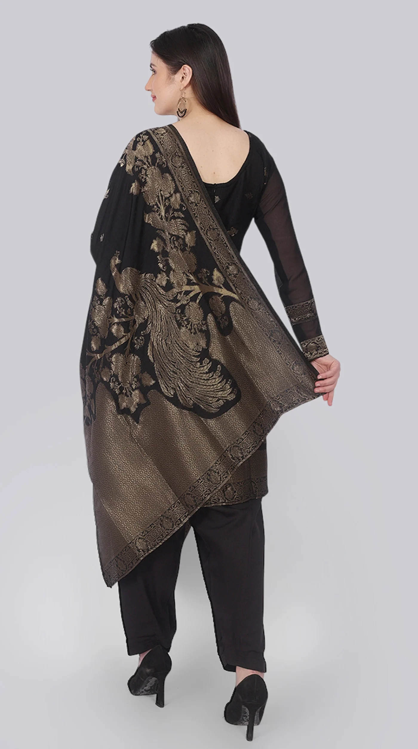 Black Silk Shift Suit Set with Gold Weave Dupatta - Image 6