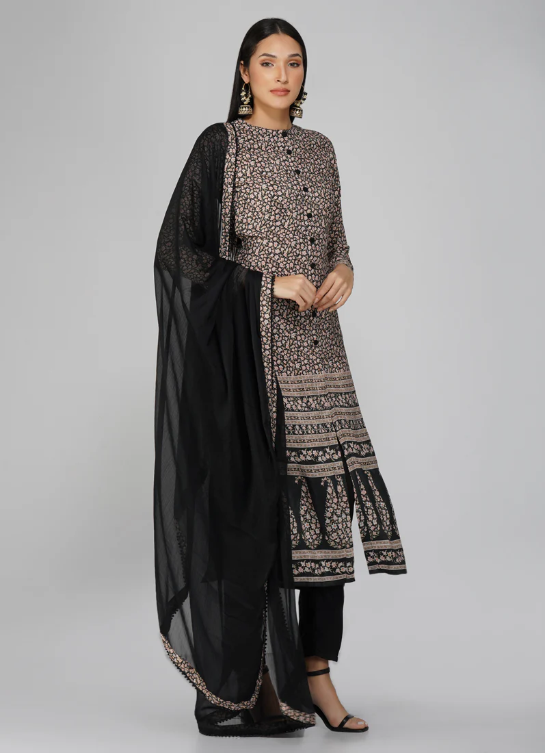 Black Straight Cut With Front Slit Suit Set - Image 2