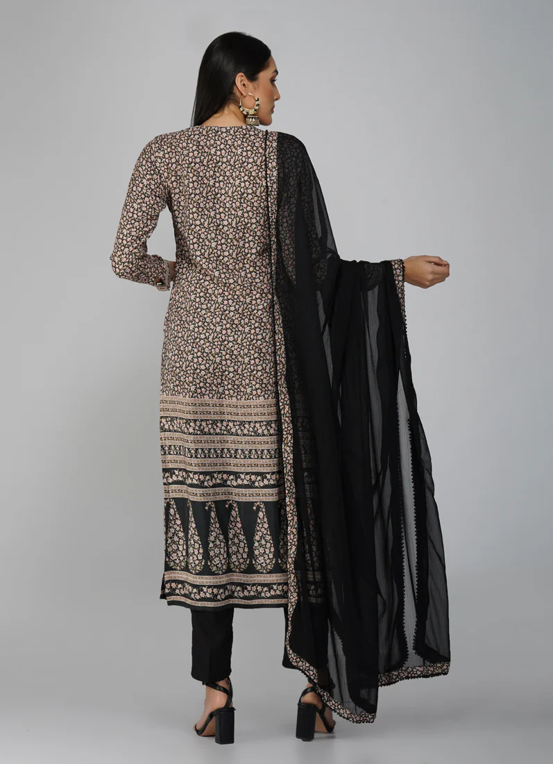 Black Straight Cut With Front Slit Suit Set - Image 4
