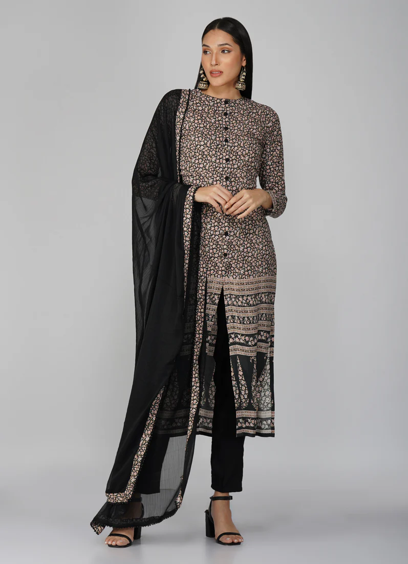 Black Straight Cut With Front Slit Suit Set - Image 5