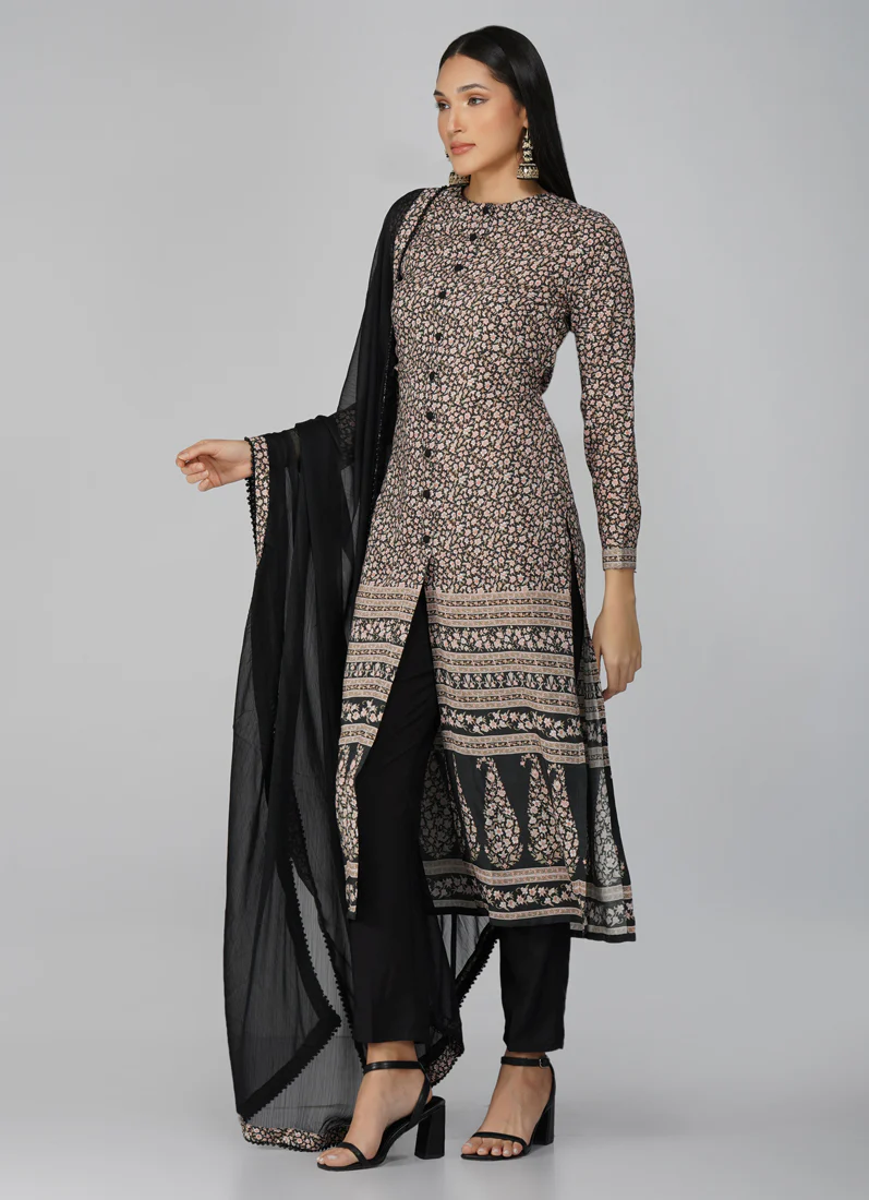 Black Straight Cut With Front Slit Suit Set - Image 6