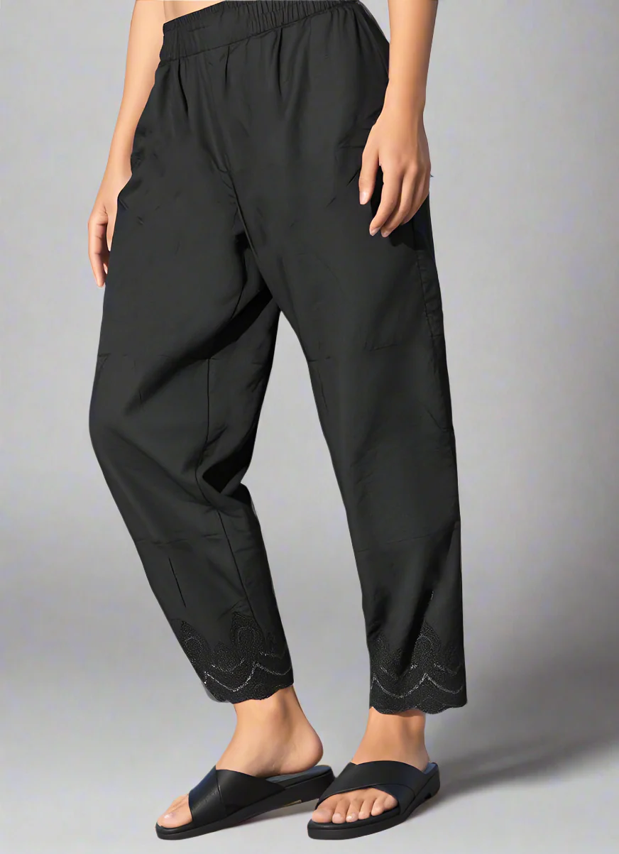 Black Trousers with Hem Embroidery - Image 2