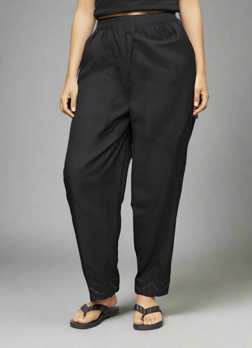 Black Trousers with Hem Embroidery - Image 3