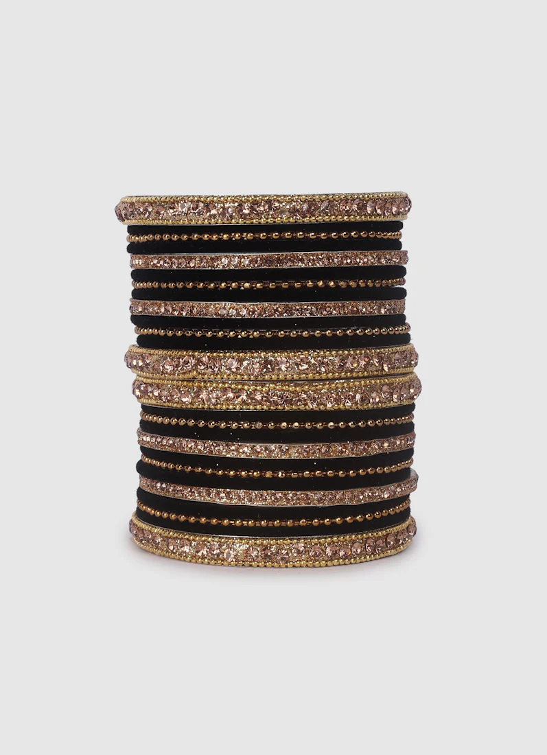 Black Velvet Bangle Set with Gold Diamonte - Image 2