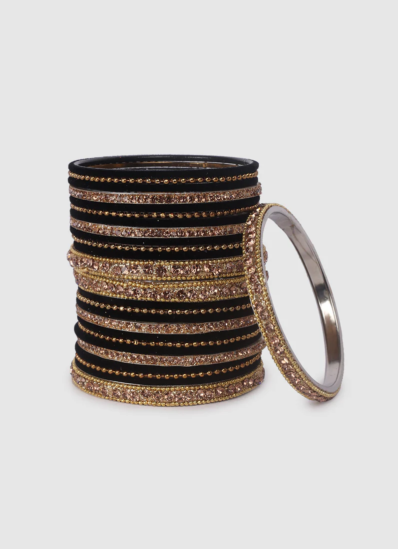 Black Velvet Bangle Set with Gold Diamonte - Image 3