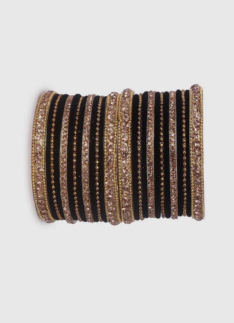 Black Velvet Bangle Set with Gold Diamonte - Image 4