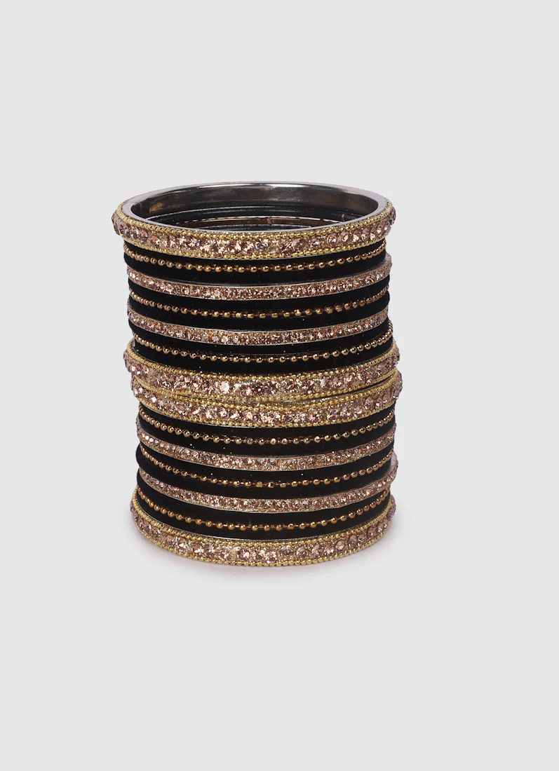 Black Velvet Bangle Set with Gold Diamonte - Image 5