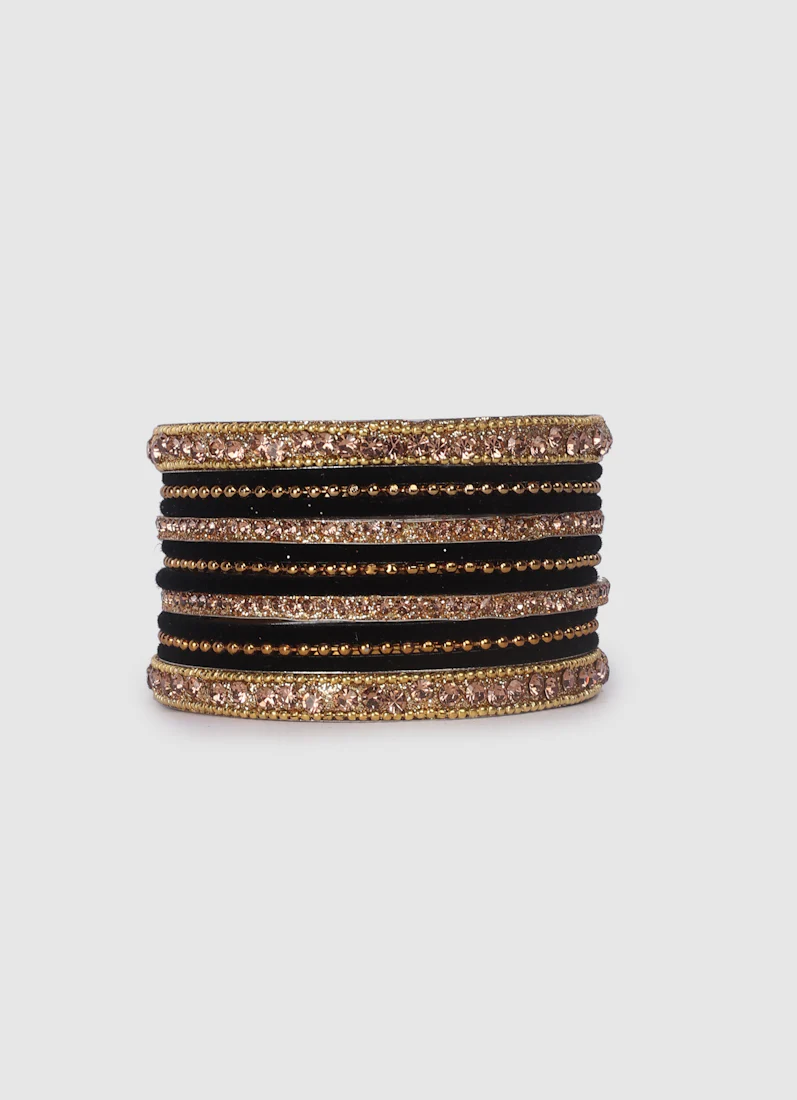Black Velvet Bangle Set with Gold Diamonte - Image 6