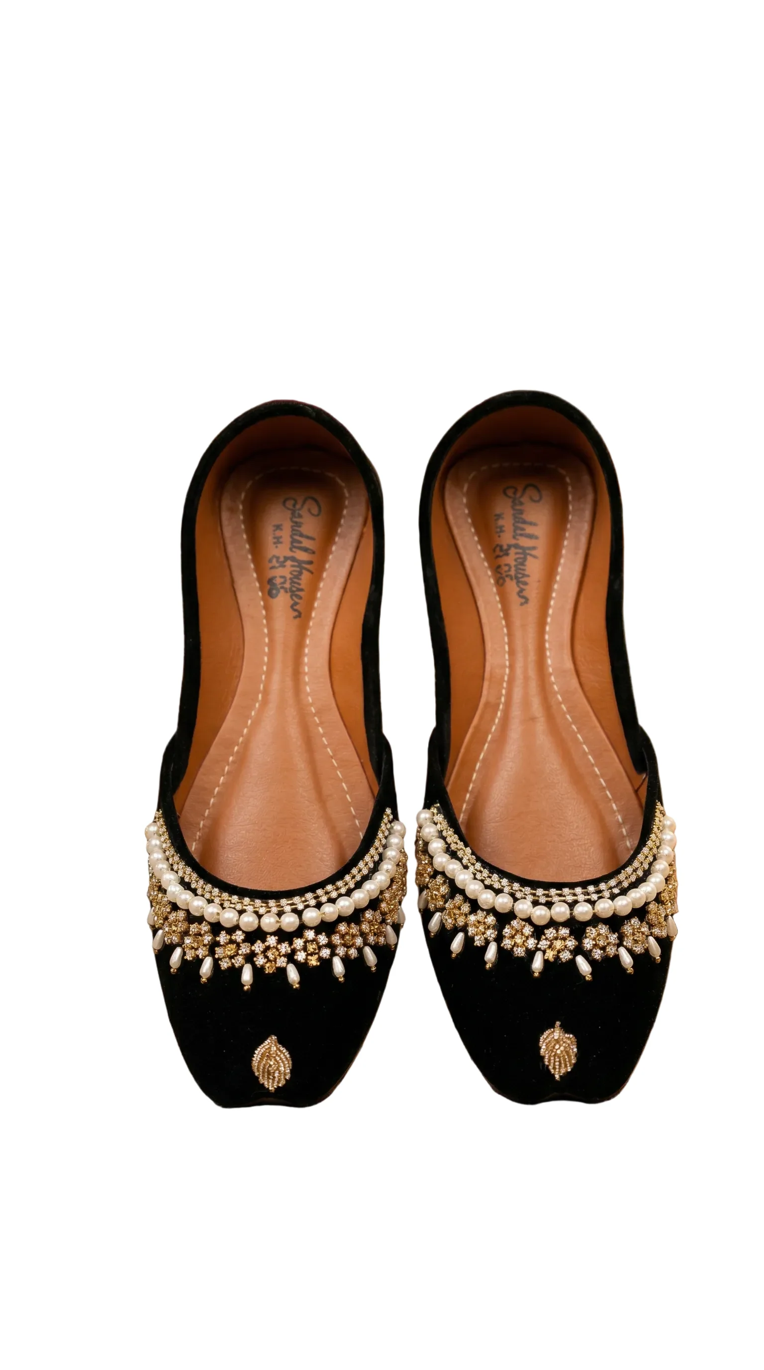 Elegant Handmade Black Velvet Punjabi Jutti - Pearl & Gold Diamante - Image 2