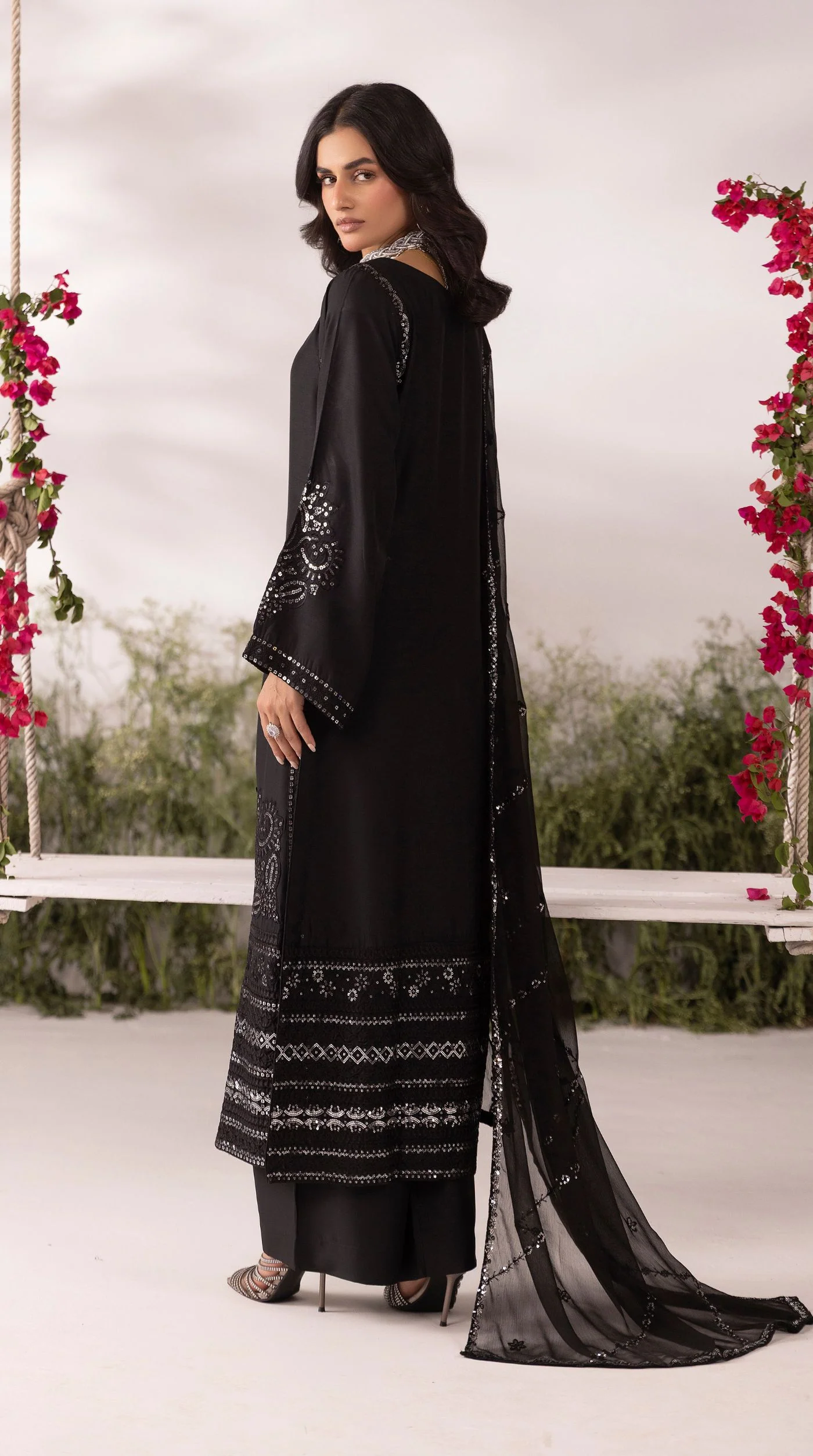 Black Viscose Sequin Embroidered Kurta Palazzo Set - Image 3