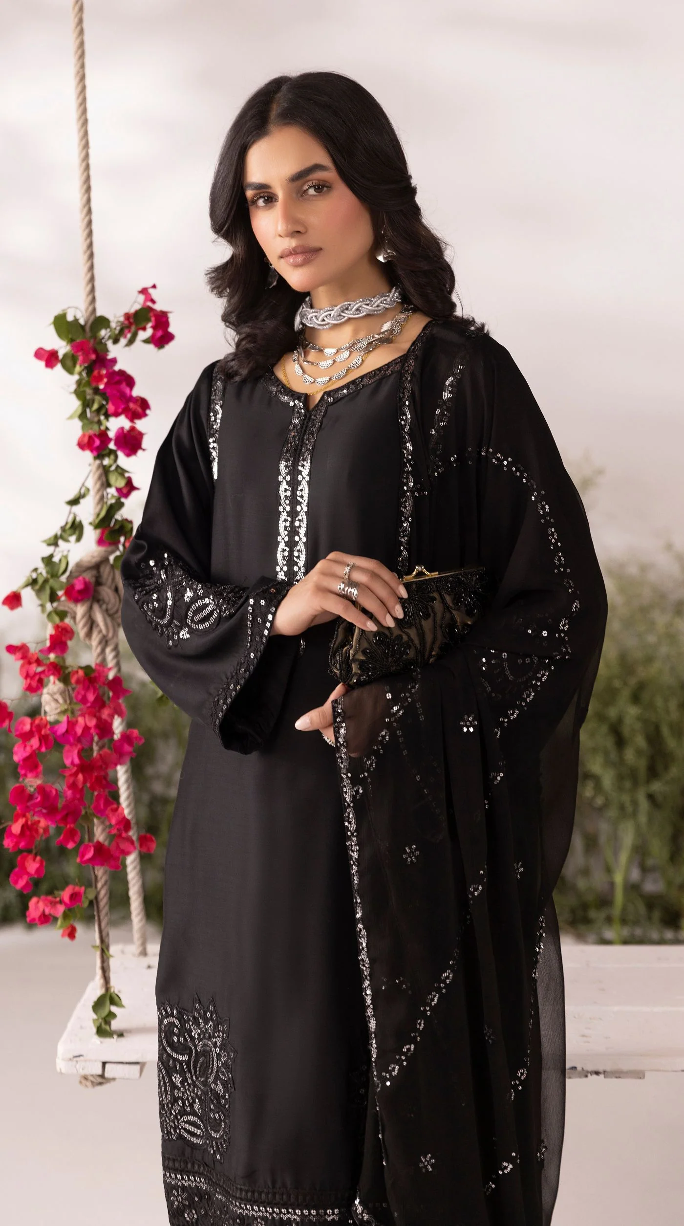 Black Viscose Sequin Embroidered Kurta Palazzo Set - Image 4