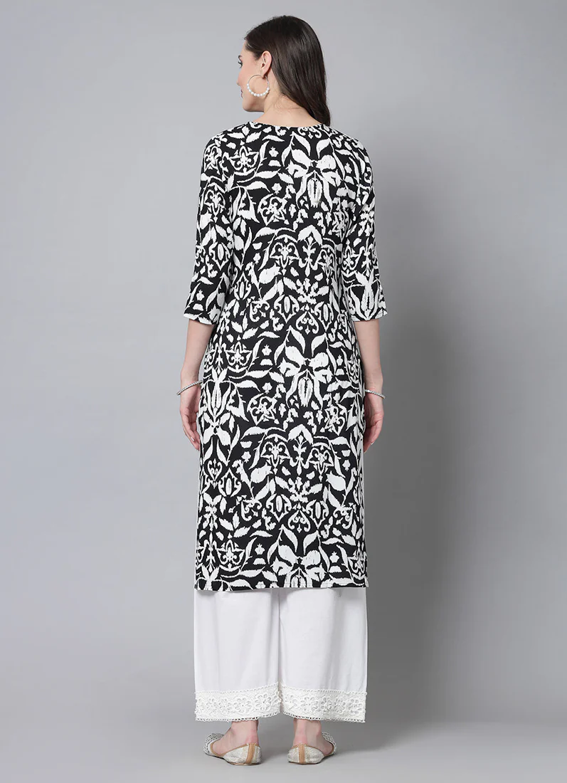 Black-White Cotton Straight Cut Kurti - Image 2