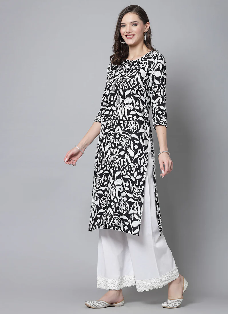Black-White Cotton Straight Cut Kurti - Image 3