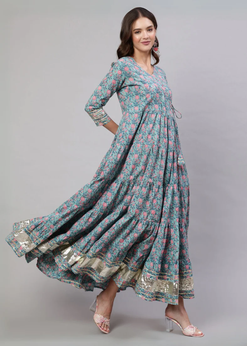 Jade Green Bias Cut Printed Dress Set - Image 2