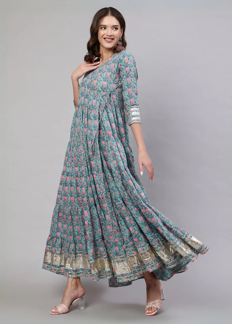 Jade Green Bias Cut Printed Dress Set - Image 3