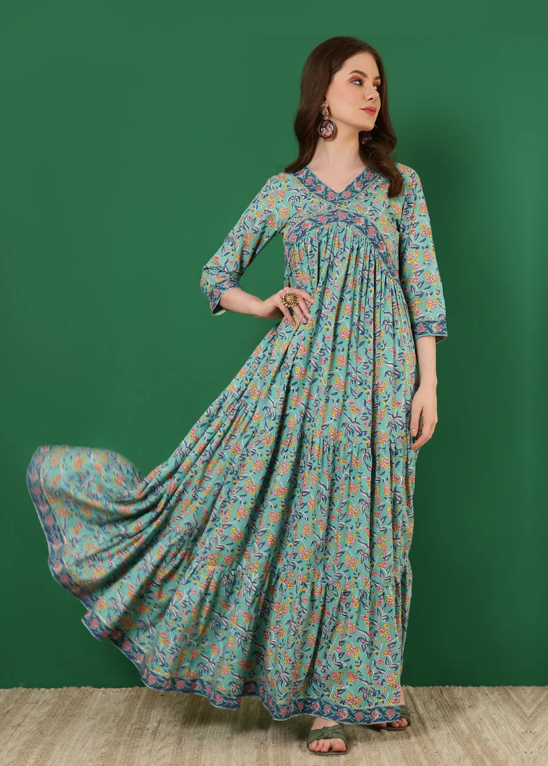 Blue Cotton Flared Printed Dress - Image 2