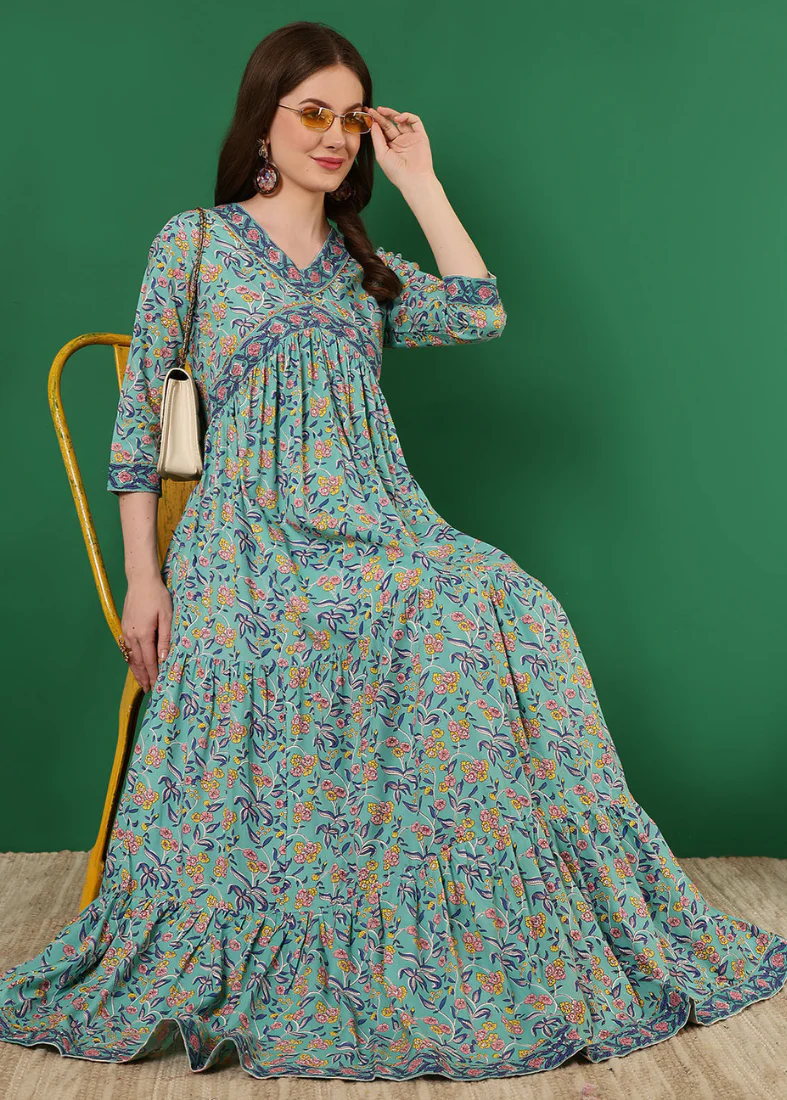 Blue Cotton Flared Printed Dress - Image 3