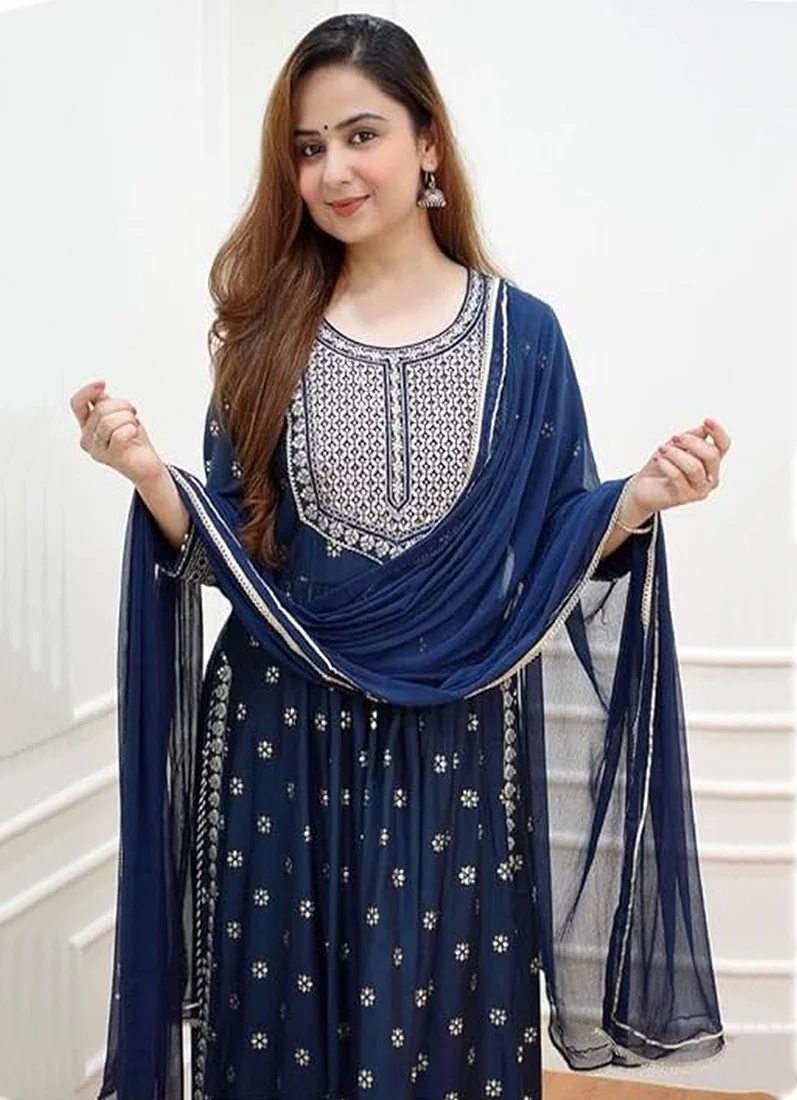 Blue Cotton Naira Cut Printed Suit - Image 2