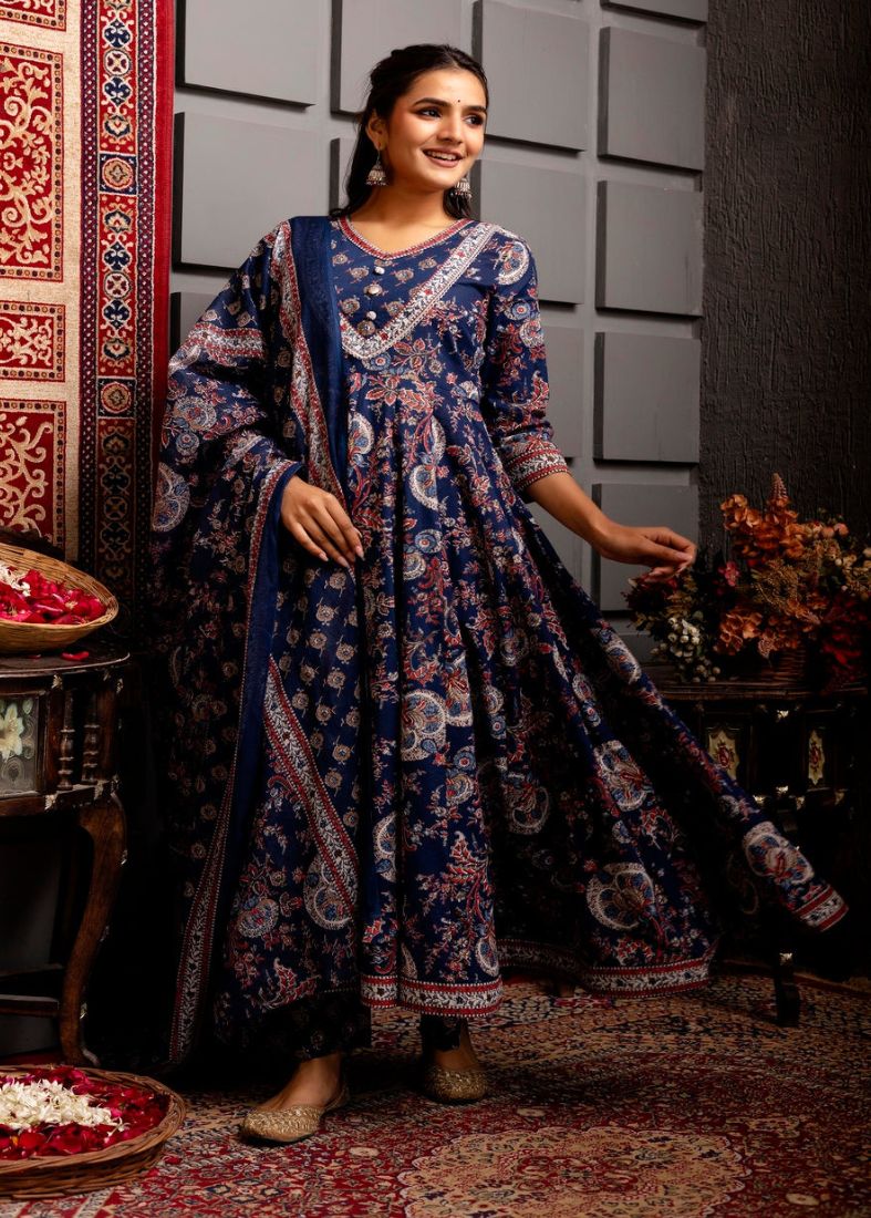Blue Cotton Printed Suit Set - Image 2