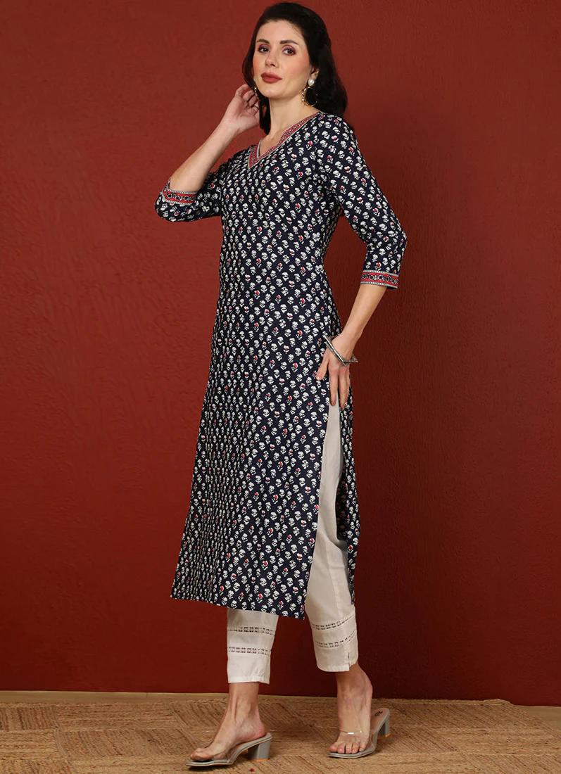 Blue Cotton Straight Cut Kurti - Image 3