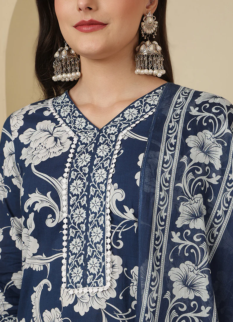 Blue Cotton Straight Cut Printed Suit - Image 2