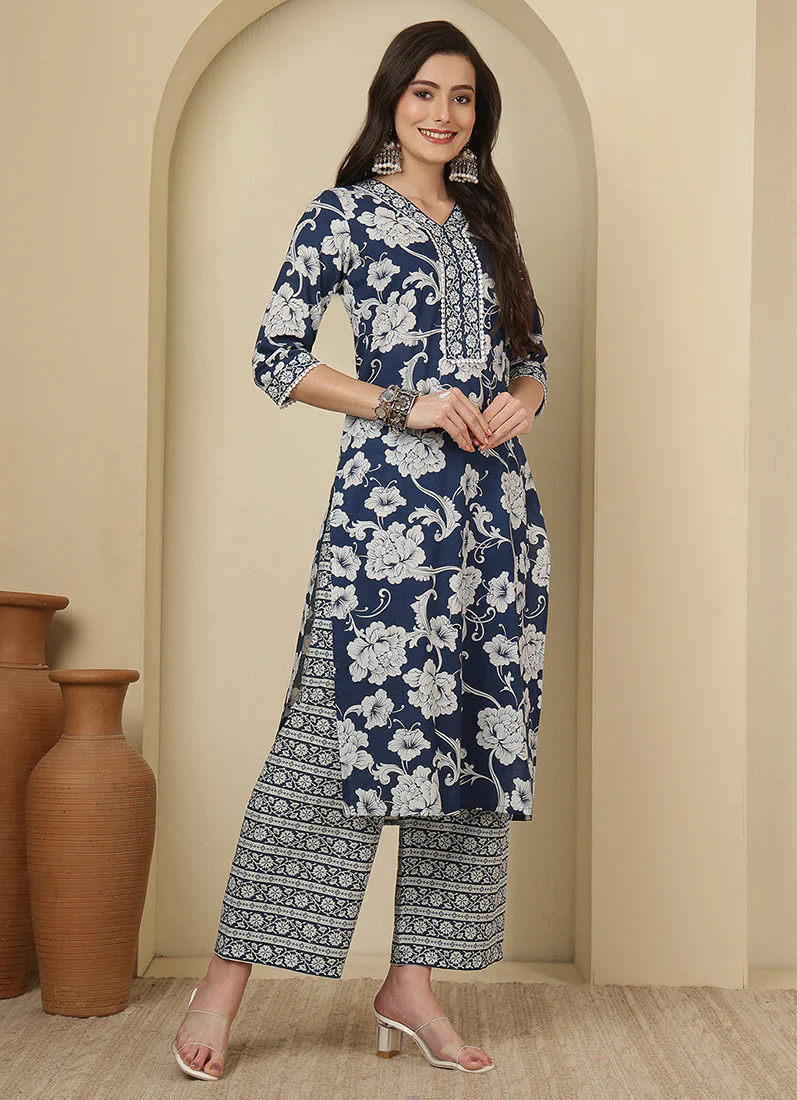 Blue Cotton Straight Cut Printed Suit - Image 3