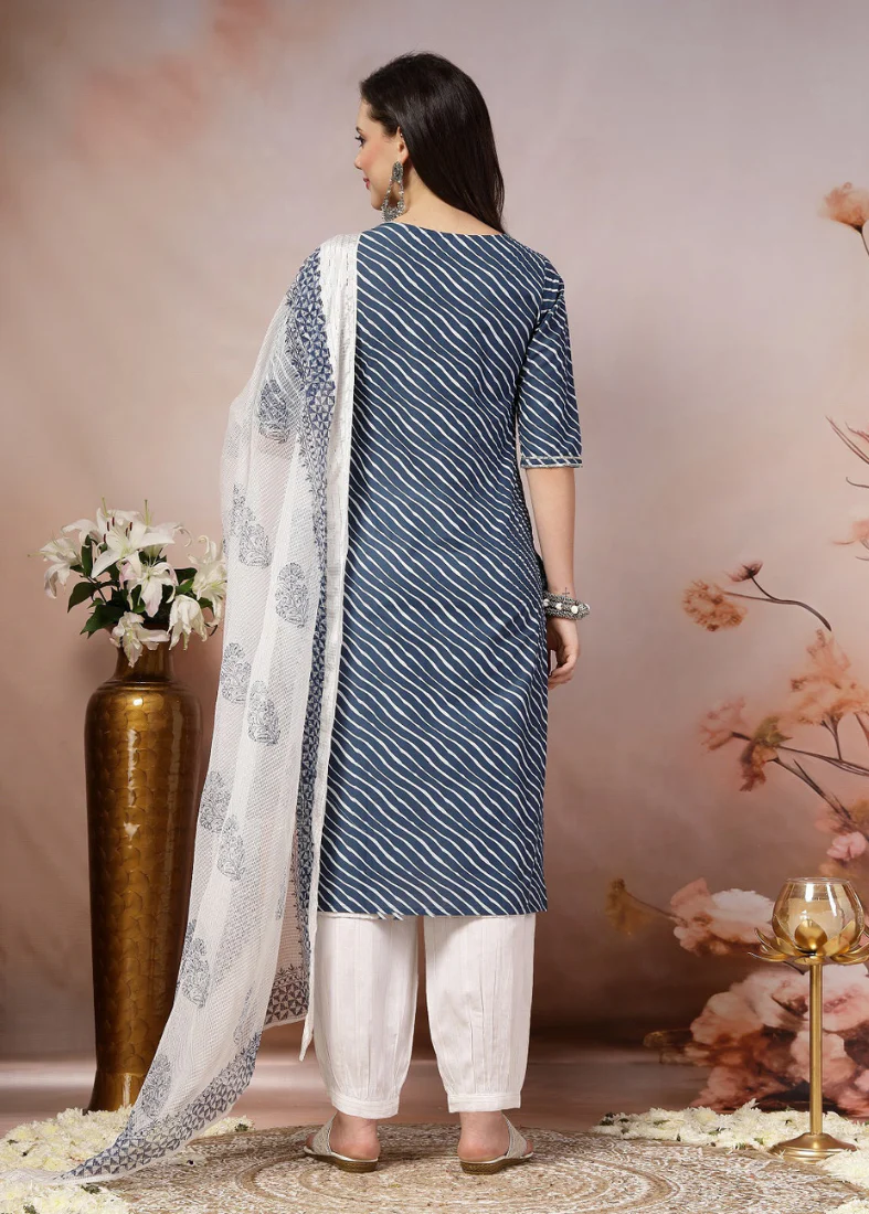 Blue Cotton Straight Cut Suit Set - Image 2