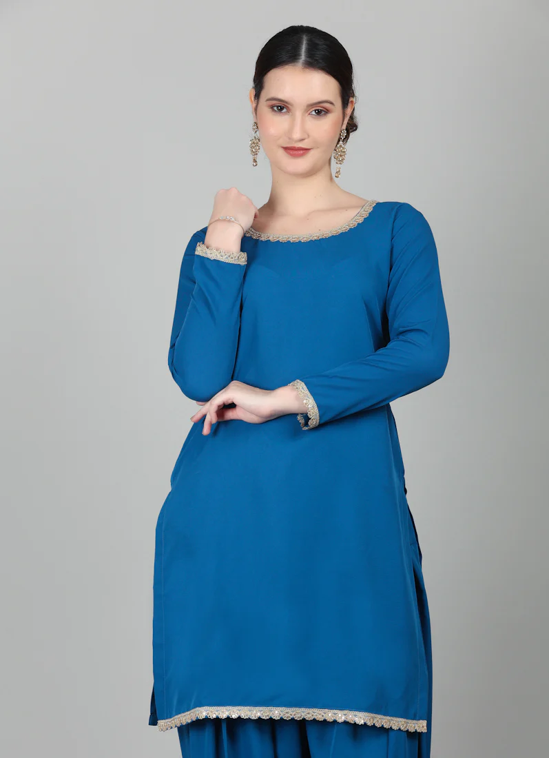 Blue Crepe Printed Dupatta Suit Set - Image 3