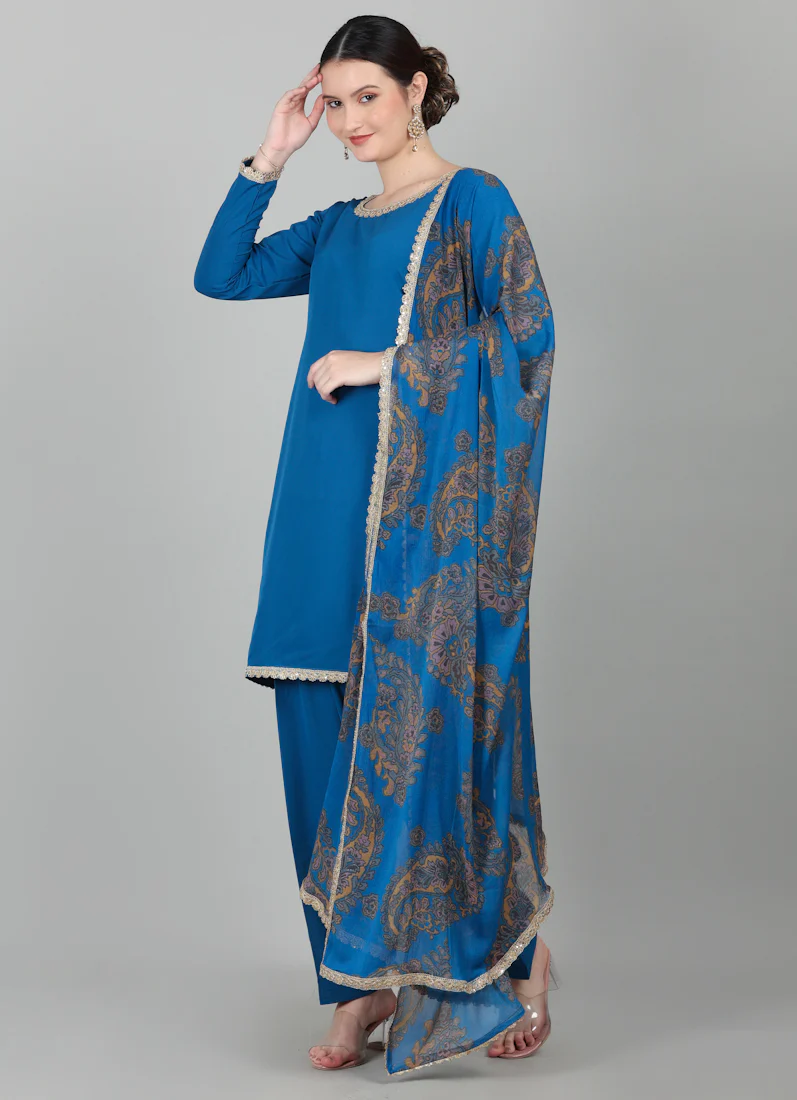 Blue Crepe Printed Dupatta Suit Set - Image 4