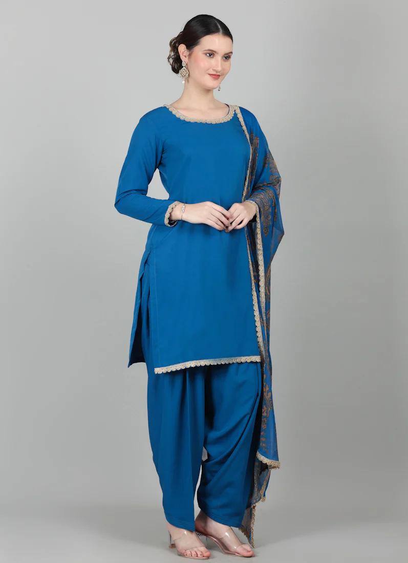 Blue Crepe Printed Dupatta Suit Set - Image 5