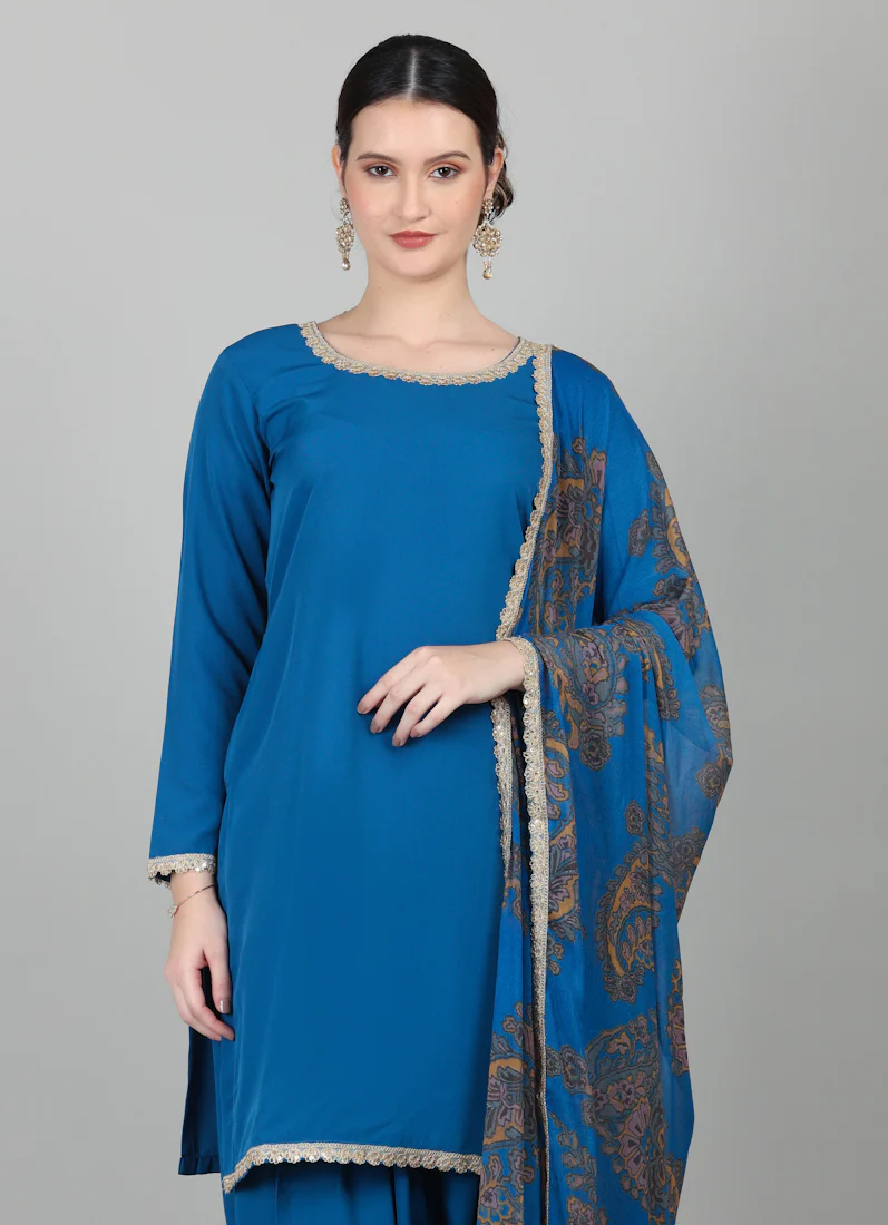 Blue Crepe Printed Dupatta Suit Set - Image 6