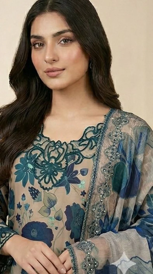 Blue Digital Print Farshi Salwar Suit with Cutwork Embroidery - Image 3