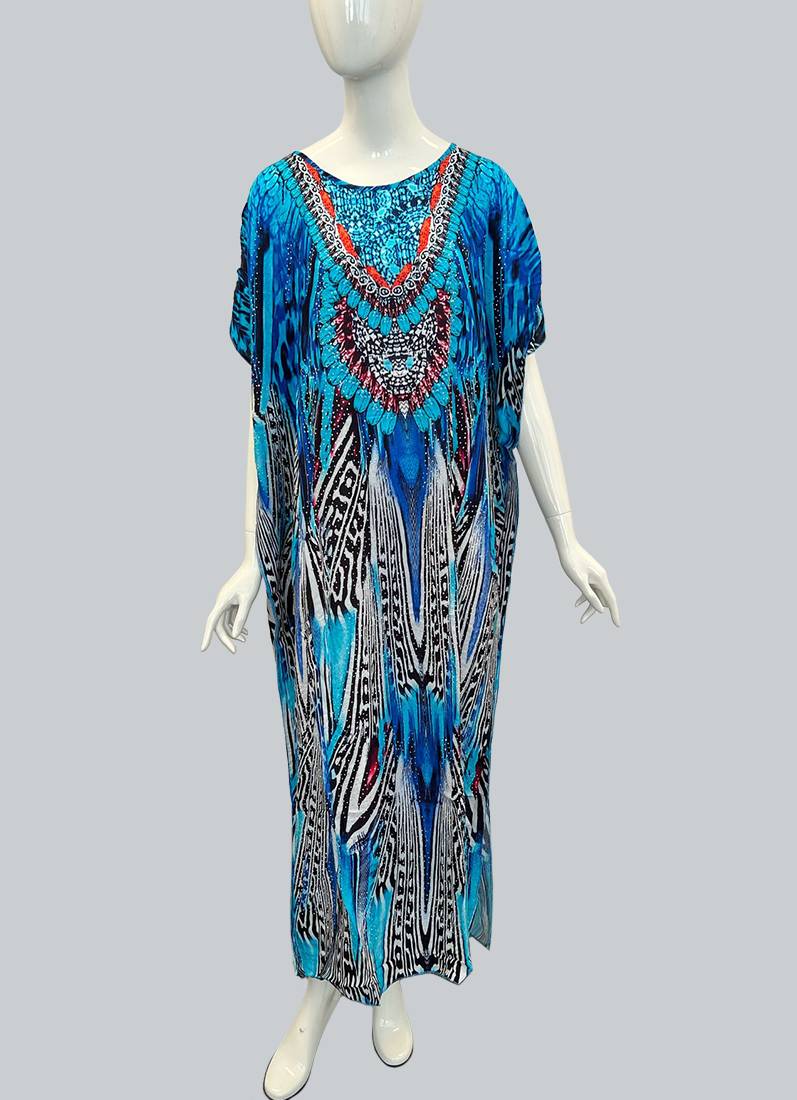 Blue Digital Print Kaftan With Silver Stone Embroidery - Image 2