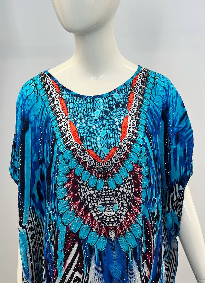 Blue Digital Print Kaftan With Silver Stone Embroidery - Image 3