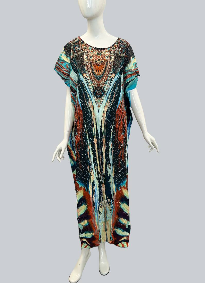 Blue Digital Printed Kaftan With Silver Stone Embroidery - Image 2