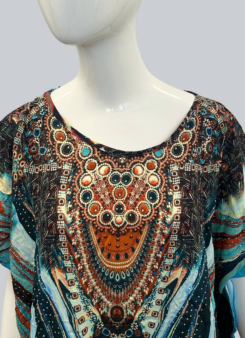 Blue Digital Printed Kaftan With Silver Stone Embroidery - Image 3