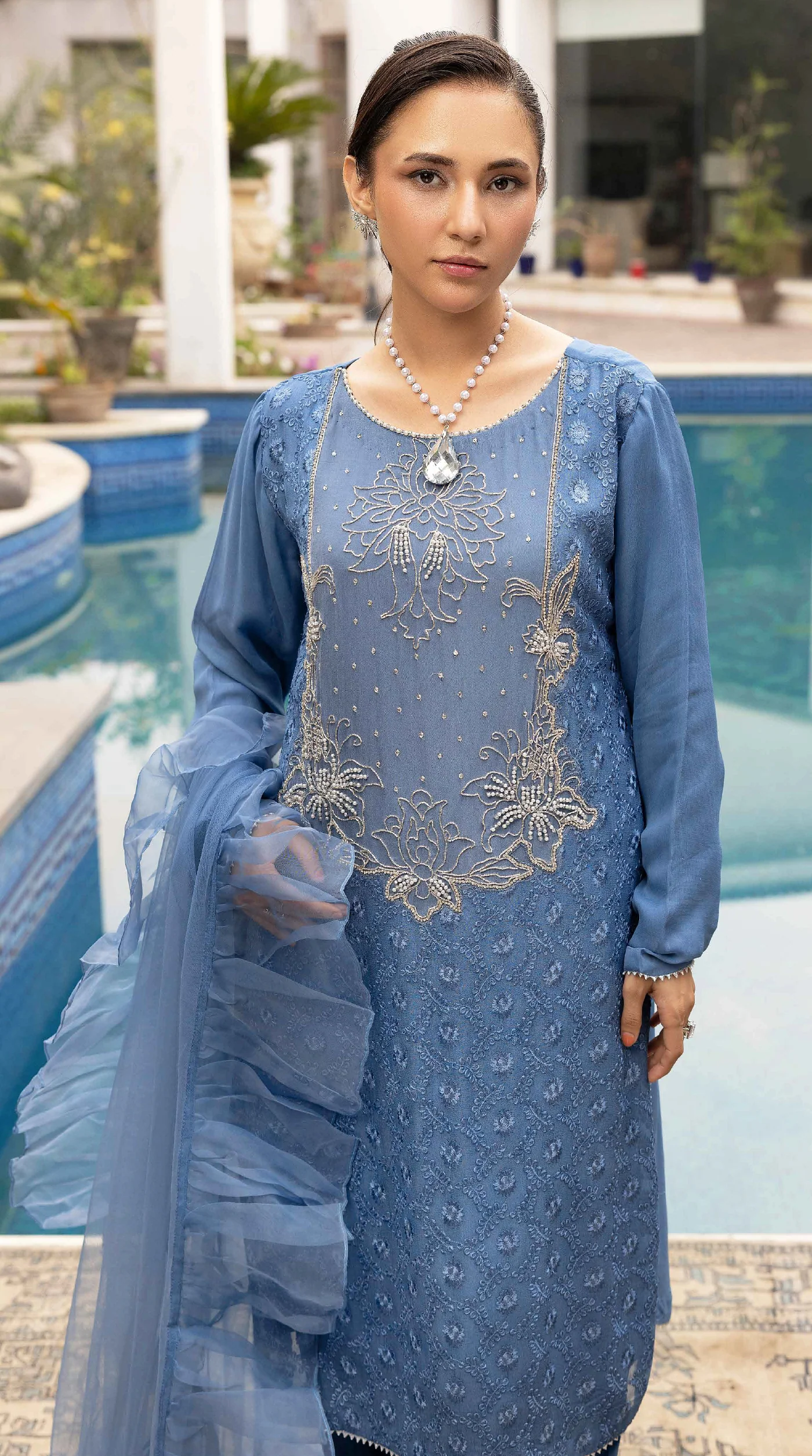 Blue Elara Chikankari Chiffon Farshi Salwar Set - Image 2