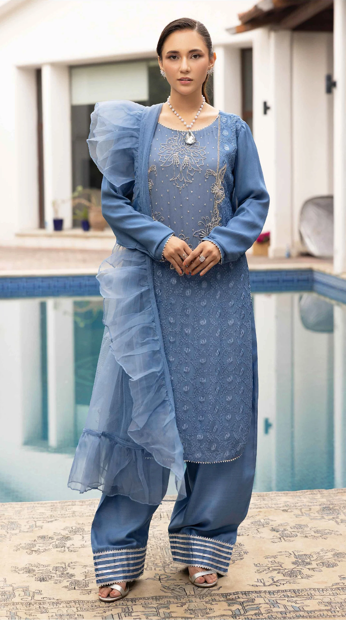 Blue Elara Chikankari Chiffon Farshi Salwar Set - Image 3