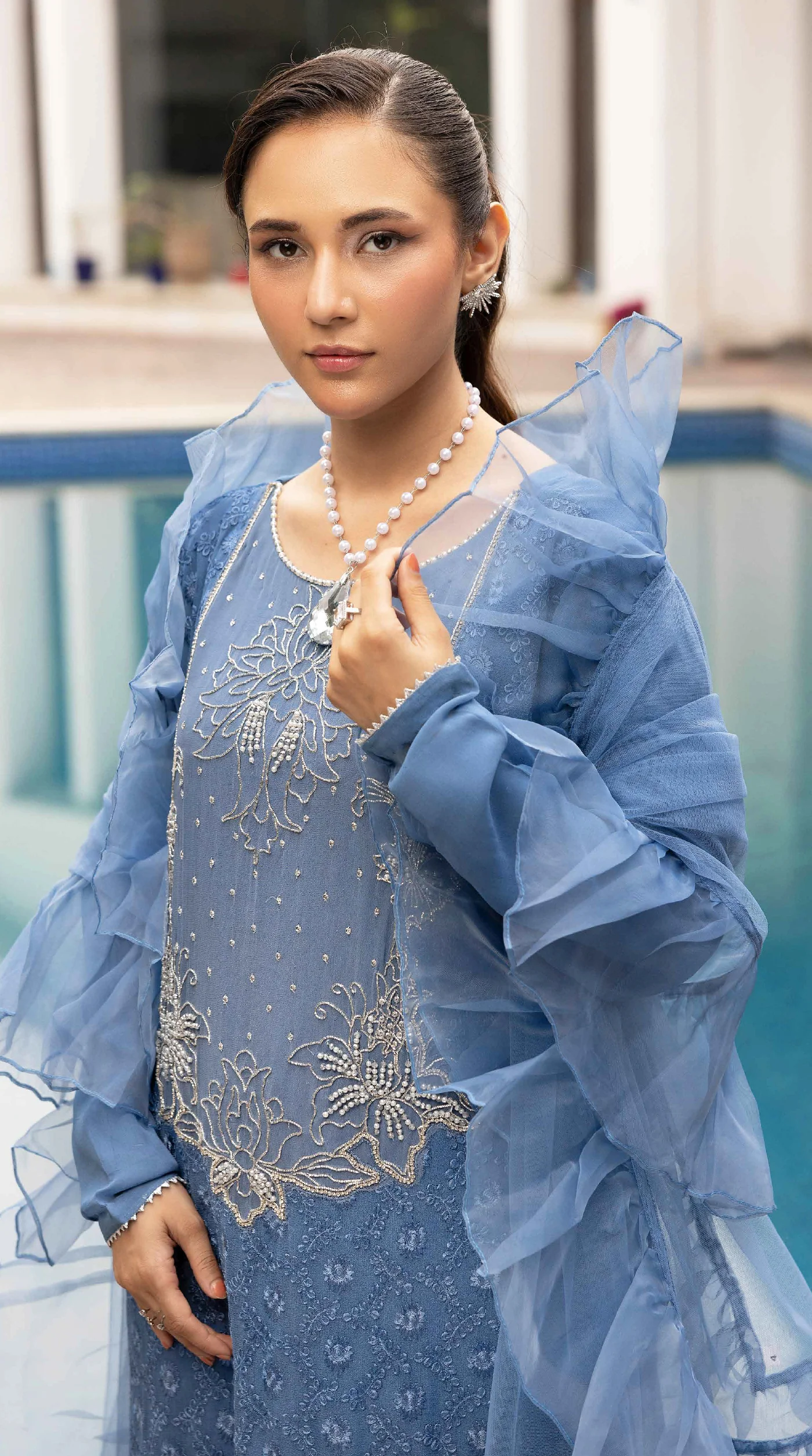 Blue Elara Chikankari Chiffon Farshi Salwar Set - Image 4