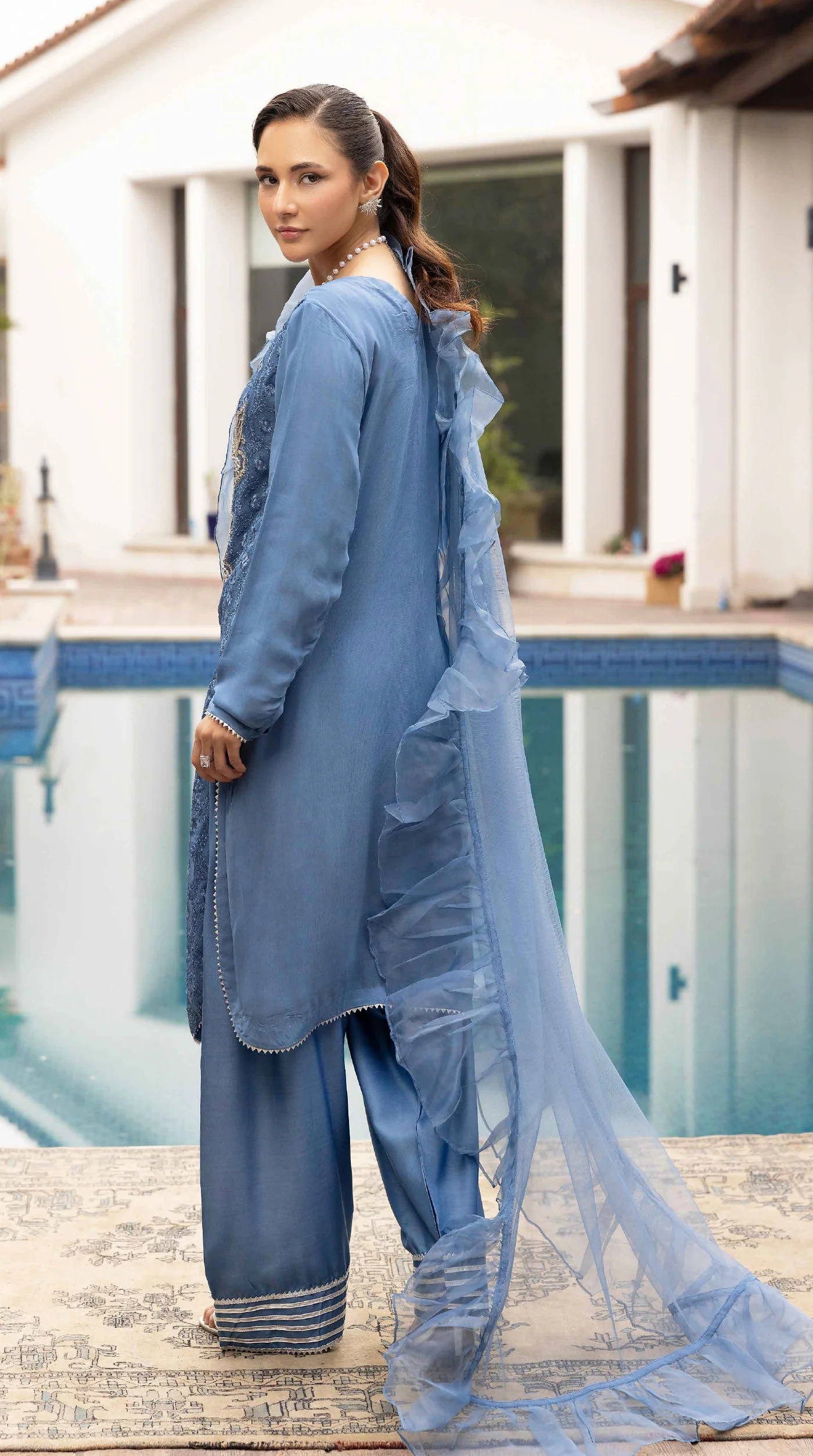 Blue Elara Chikankari Chiffon Farshi Salwar Set - Image 5