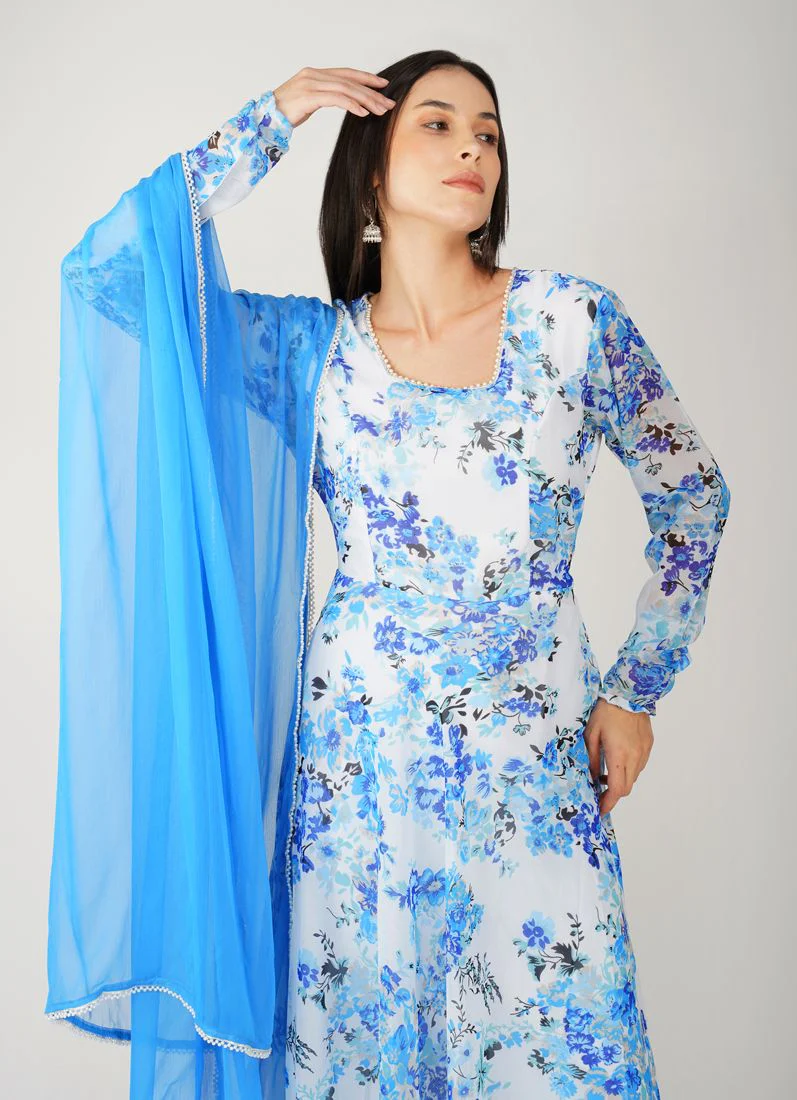 Blue Floarl Printed Suit Set - Image 4