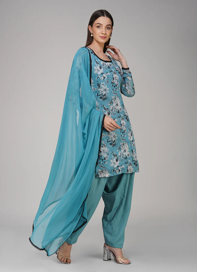 Blue Georgette Floral Printed Salwar Suit Set - Image 2