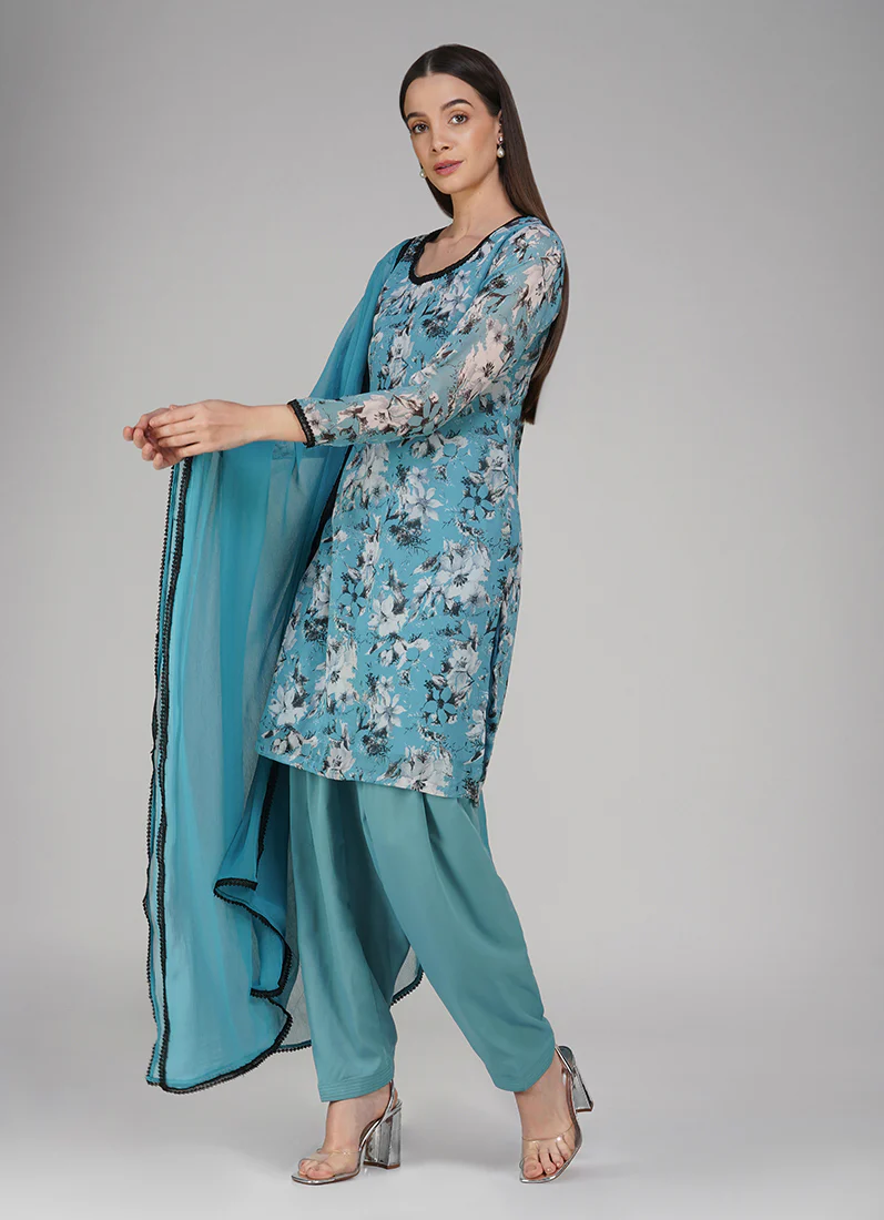 Blue Georgette Floral Printed Salwar Suit Set - Image 3