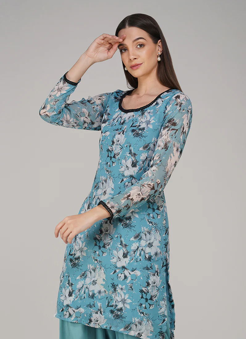 Blue Georgette Floral Printed Salwar Suit Set - Image 4